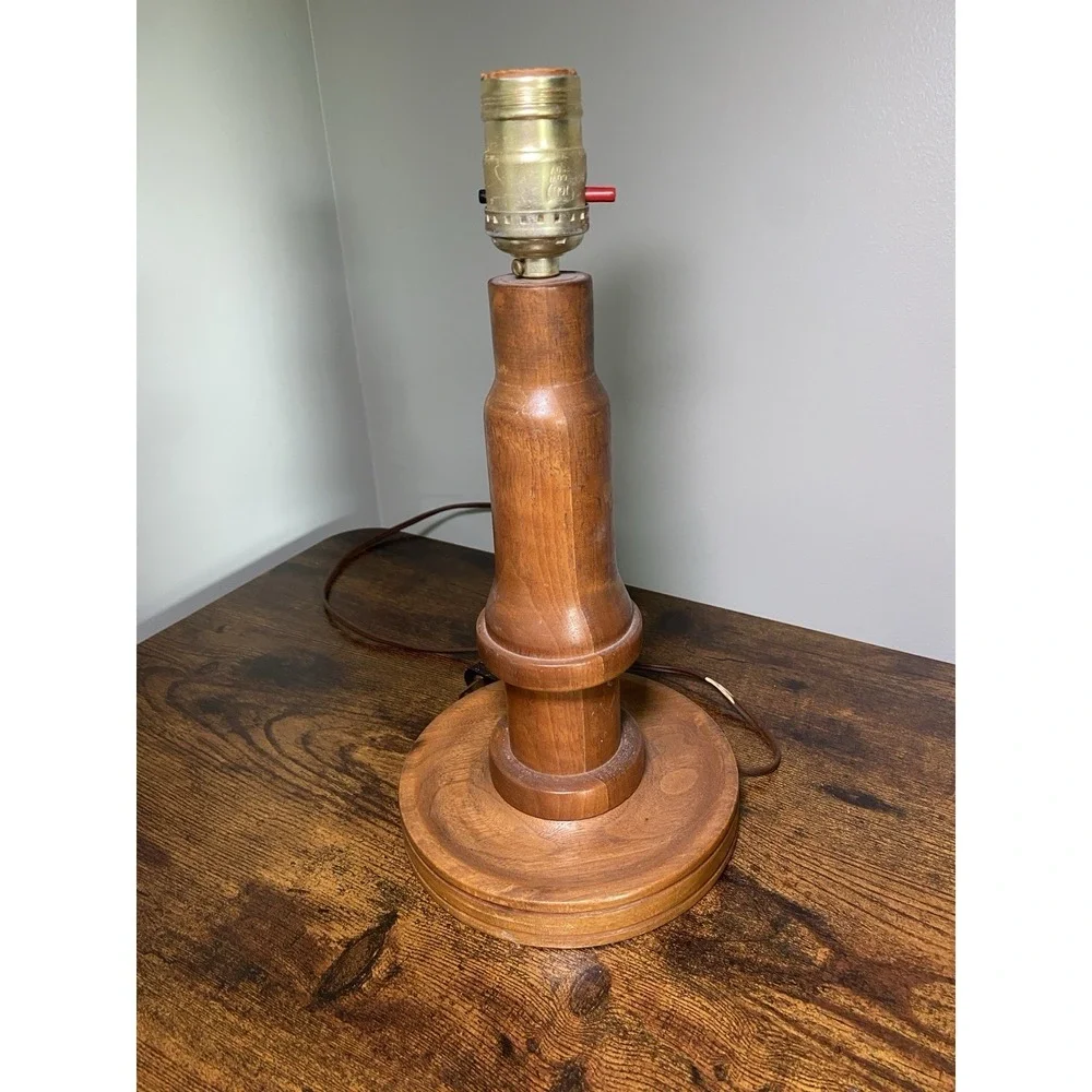 Vintage Hand Turned Wood Table Lamp Base Mid Century Brown Wooden Bedside Light